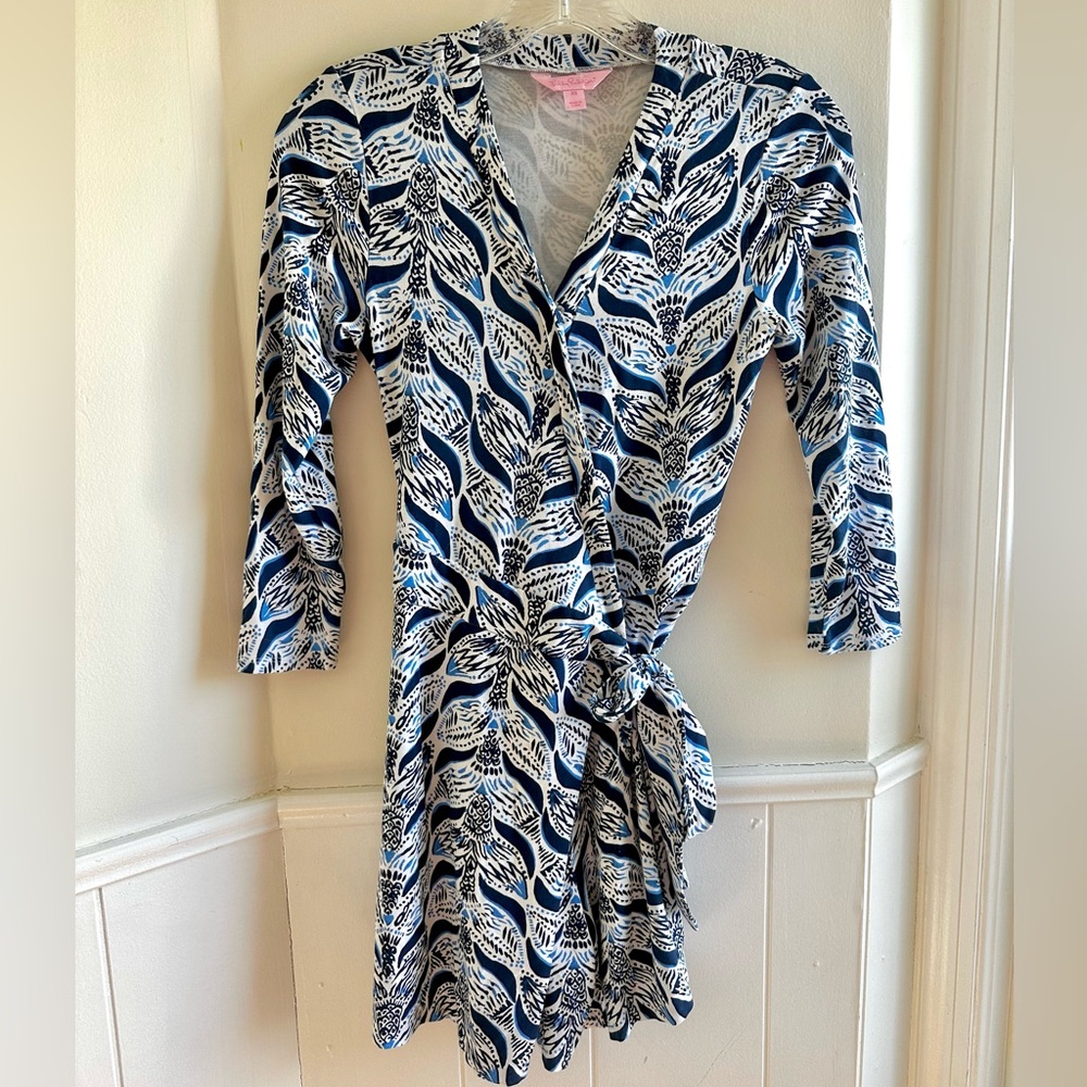 Lilly Pulitzer Karlie Wrap Romper Mermaid’s Tail Blue White XS Summer Coastal